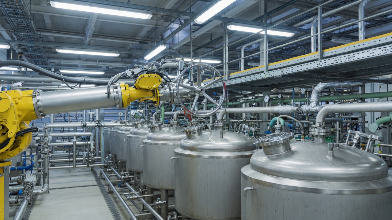 Robot arm turning a valve on a row of stainless process tanks