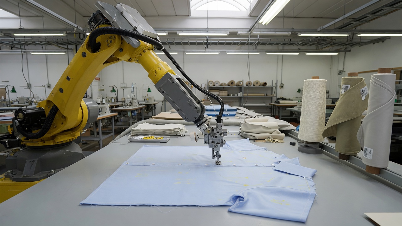 Yellow robot arm sewing a shirt panel on a factory table