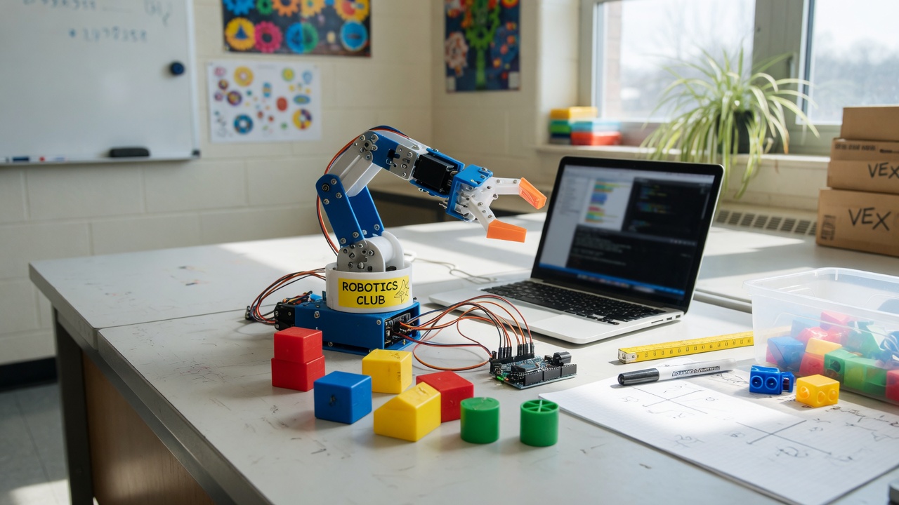 Small desktop robot arm with a gripper on a classroom bench
