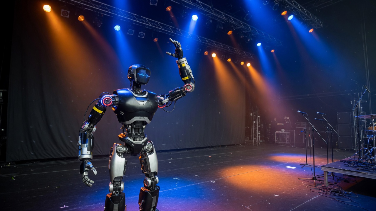 Human-scale robot with one arm raised on a concert stage