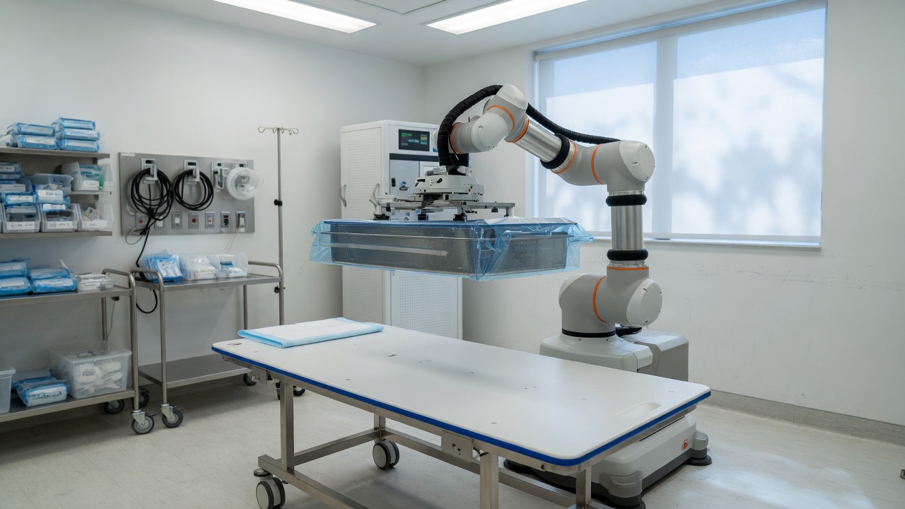 Collaborative robot arm holding a covered instrument tray over a procedure table