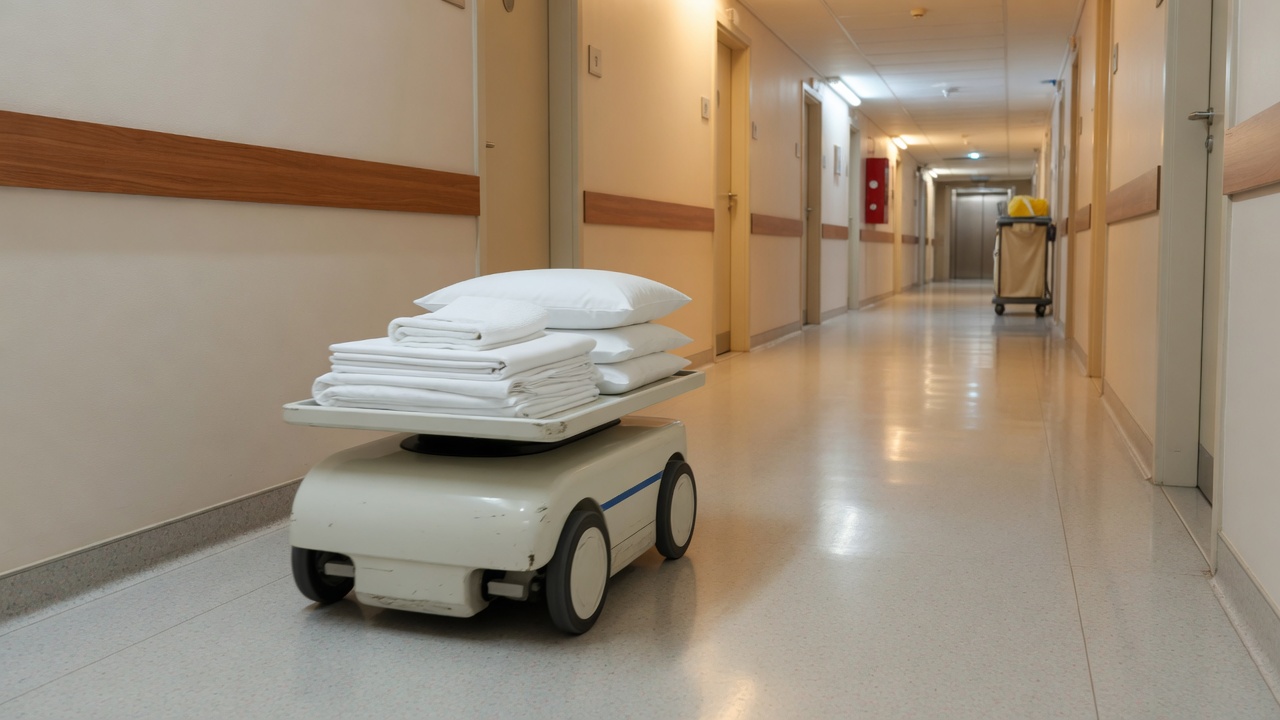 Wheeled service robot carrying folded linens down a hallway