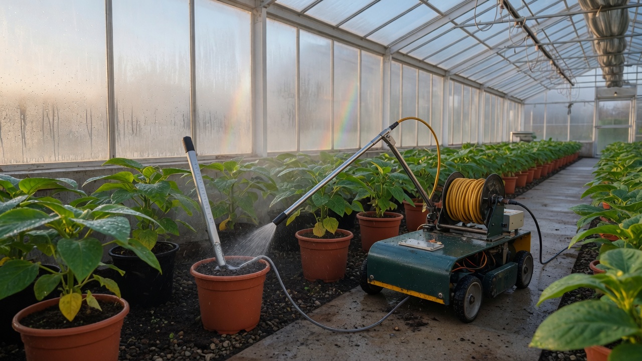Greenhouse robot watering potted plants with a wand and a soil probe